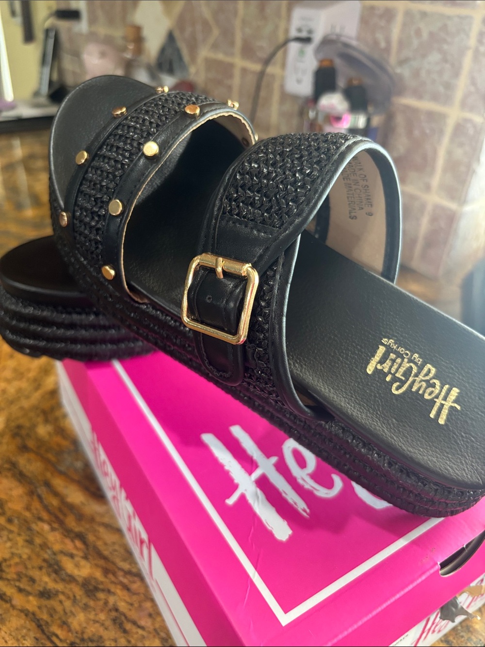 Corky’s 9 Black Studded Woven Slide Sandals